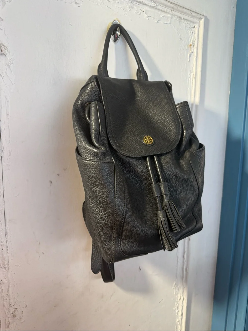 Tory Burch Black Pebbled Leather Drawstring Backpack with Tassels